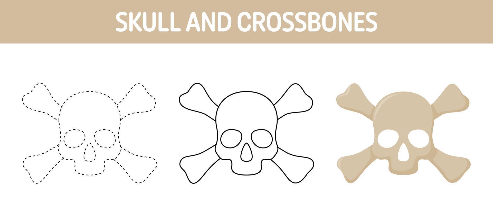 arbeitsblatt zum nachzeichnen und ausmalen von totenkopf und gekreuzten knochen für kinder vektor