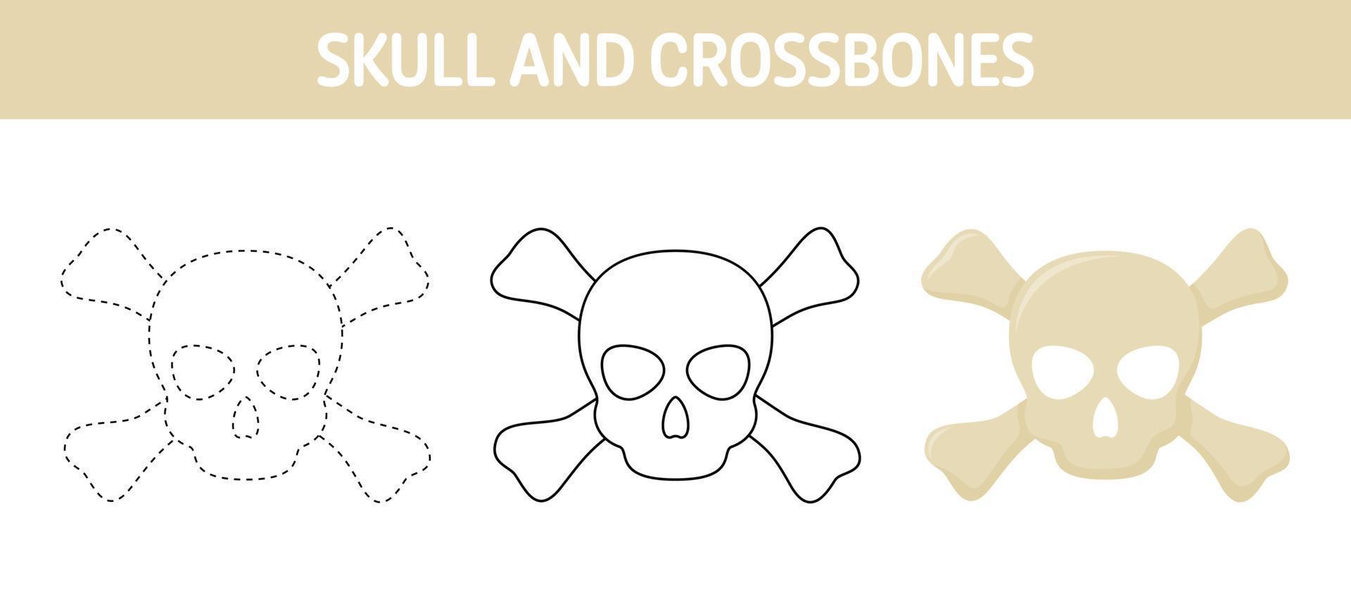 arbeitsblatt zum nachzeichnen und ausmalen von totenkopf und gekreuzten knochen für kinder vektor