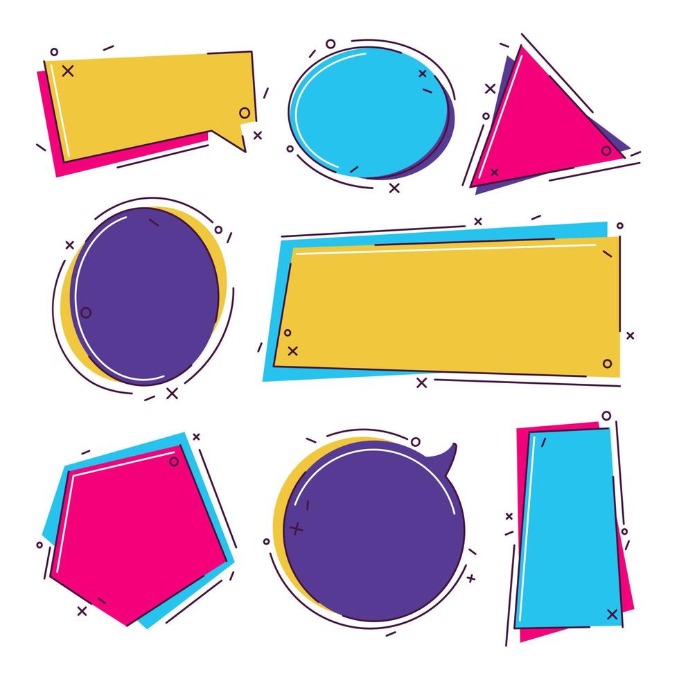 trendiges flaches geometrisches vektorfahnenset. lebendige Banner im Retro-Poster-Design-Stil. Vintage-Formen. moderne neonfarben magenta, cyan und lila. Verkaufsetiketten mit Rabattnummern. vektor