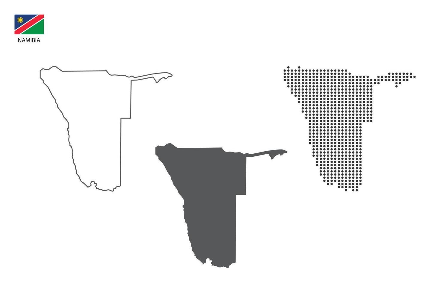 3 versioner av namibia Karta stad vektor förbi tunn svart översikt enkelhet stil, svart punkt stil och mörk skugga stil. Allt i de vit bakgrund.