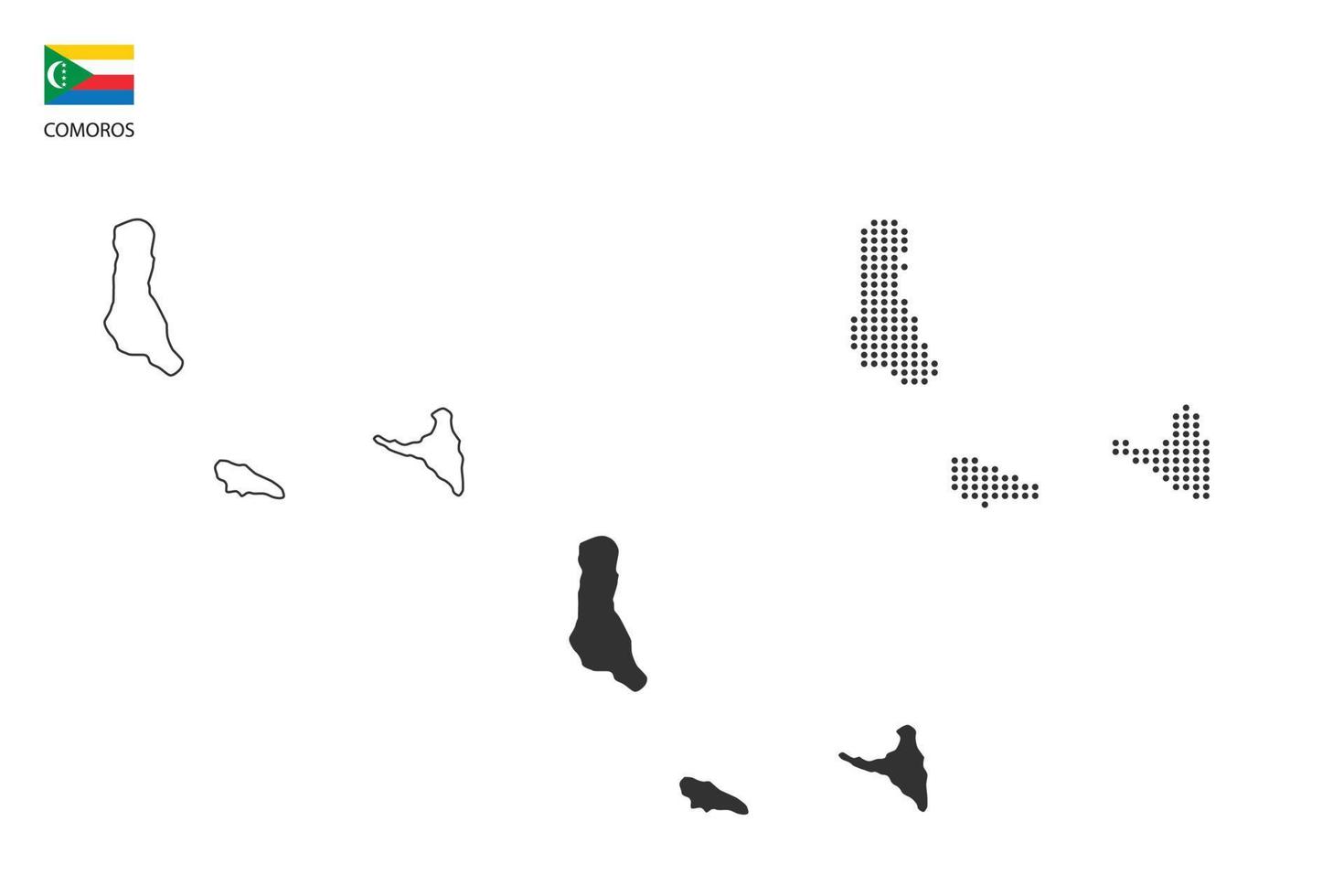 3 versioner av komorerna Karta stad vektor förbi tunn svart översikt enkelhet stil, svart punkt stil och mörk skugga stil. Allt i de vit bakgrund.