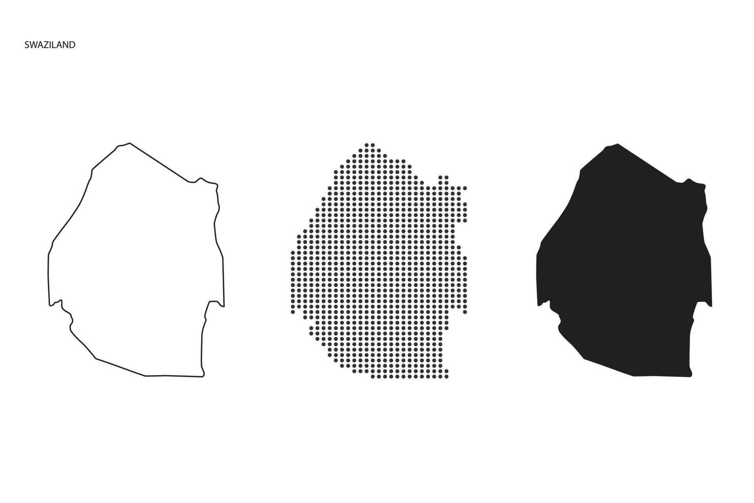 3 Versionen des Swasiland-Kartenstadtvektors durch dünnen schwarzen Umriss-Einfachheitsstil, schwarzen Punktstil und dunklen Schattenstil. alles im weißen Hintergrund. vektor
