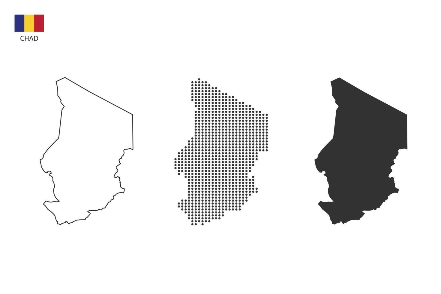 3 Versionen des Tschad-Kartenstadtvektors durch dünnen schwarzen Umriss-Einfachheitsstil, schwarzen Punktstil und dunklen Schattenstil. alles im weißen Hintergrund. vektor