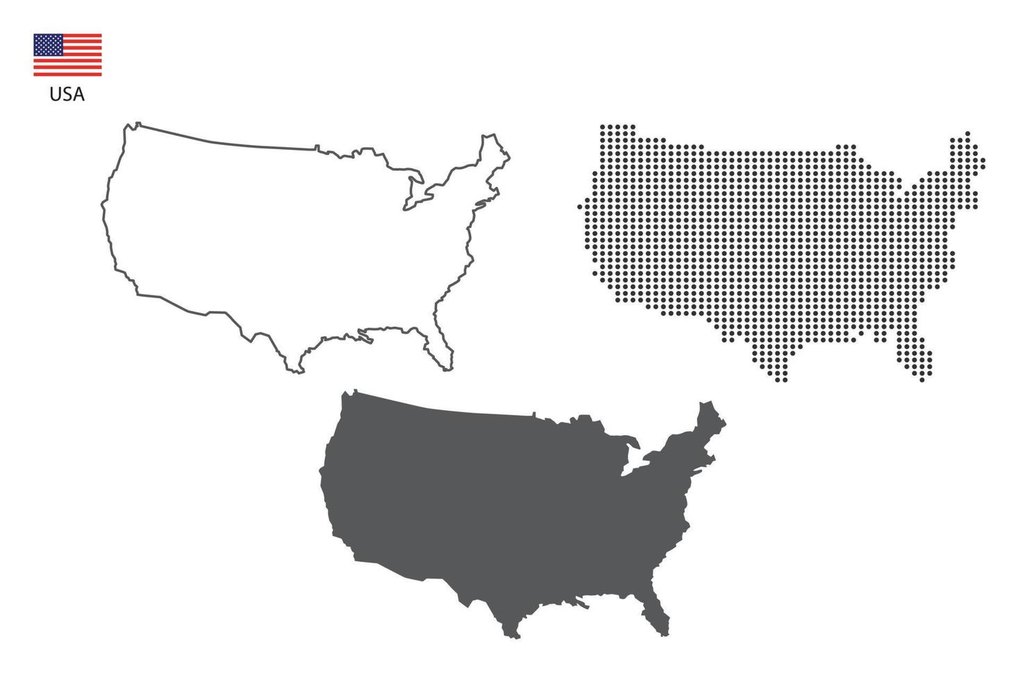 3 Versionen des USA-Kartenstadtvektors durch dünnen schwarzen Umriss-Einfachheitsstil, schwarzen Punktstil und dunklen Schattenstil. alles im weißen Hintergrund. vektor