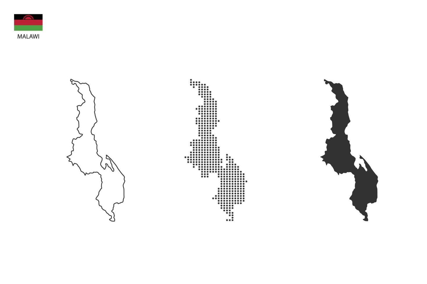 3 Versionen des Malawi-Kartenstadtvektors durch dünnen schwarzen Umriss-Einfachheitsstil, schwarzen Punktstil und dunklen Schattenstil. alles im weißen Hintergrund. vektor