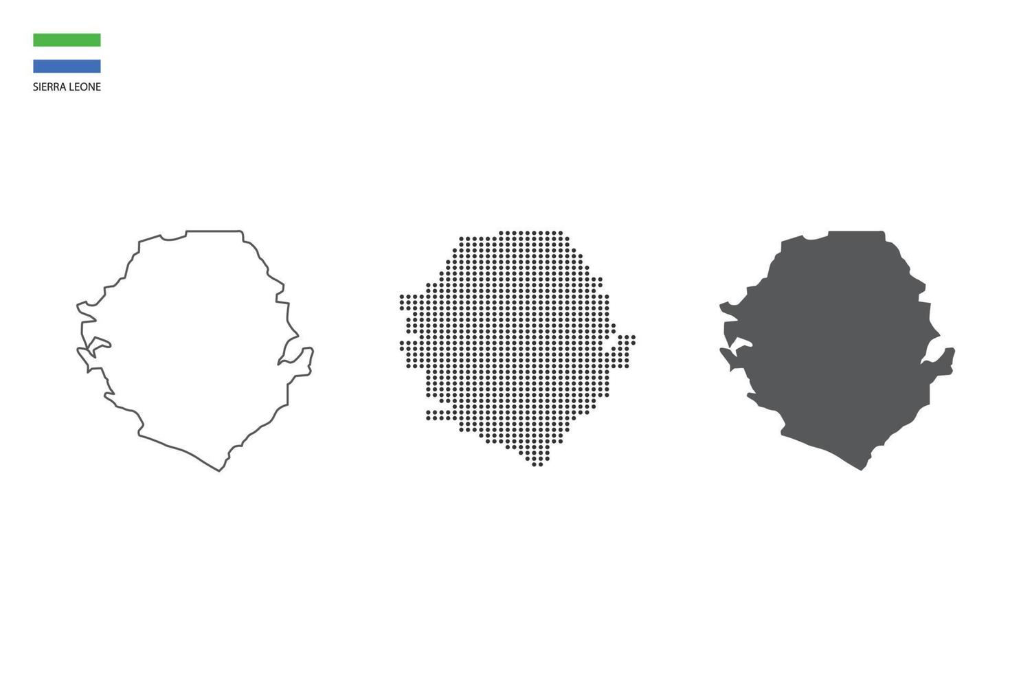 3 Versionen des Sierra Leone-Kartenstadtvektors durch dünnen schwarzen Umriss-Einfachheitsstil, schwarzen Punktstil und dunklen Schattenstil. alles im weißen Hintergrund. vektor
