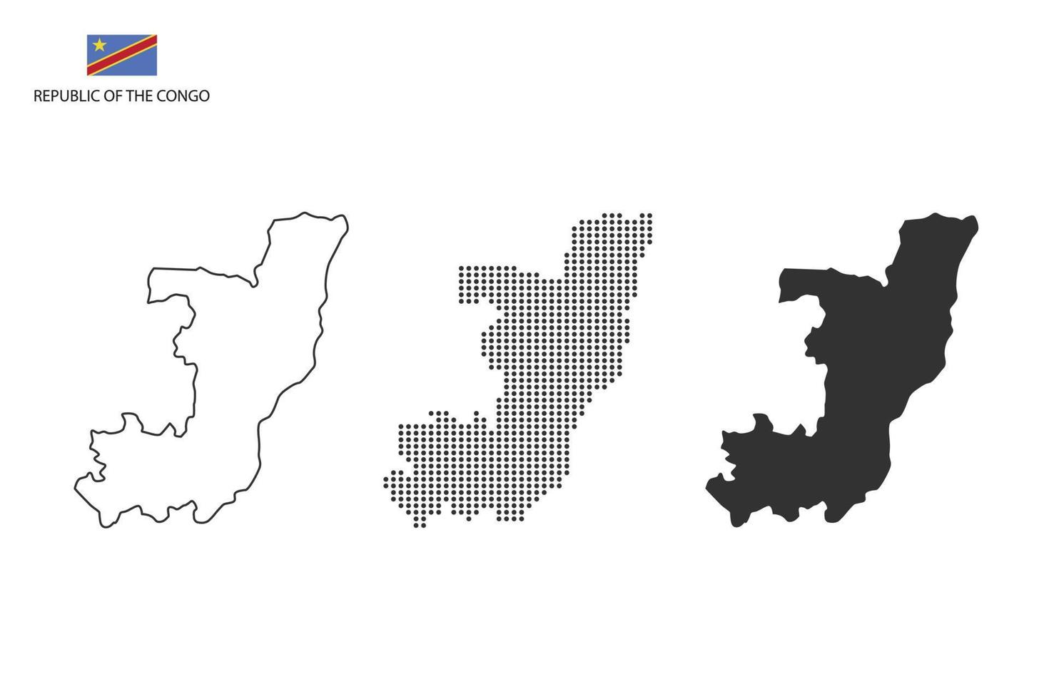 3 Versionen des Kartenstadtvektors der Republik Kongo durch dünnen schwarzen Umriss-Einfachheitsstil, schwarzen Punktstil und dunklen Schattenstil. alles im weißen Hintergrund. vektor
