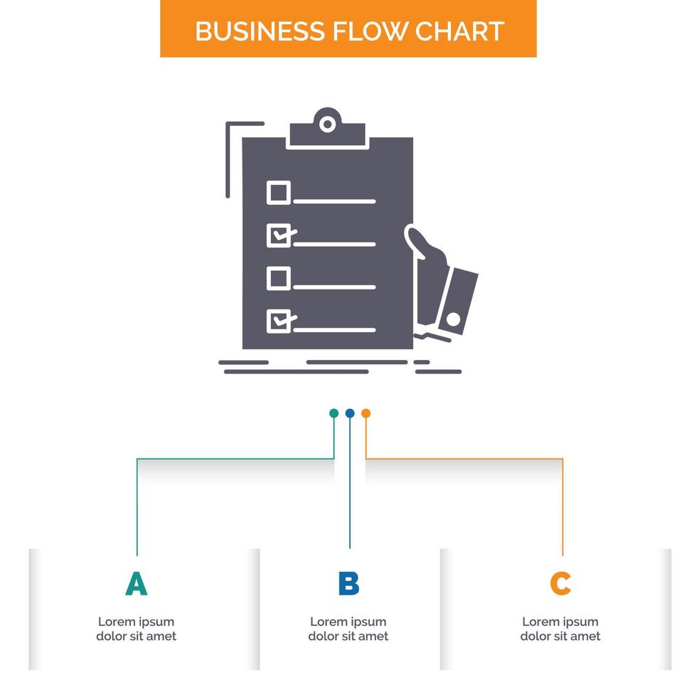 Checkliste. überprüfen. Sachverstand. aufführen. Zwischenablage Business Flow Chart-Design mit 3 Schritten. Glyphensymbol für Präsentationshintergrundvorlage Platz für Text. vektor
