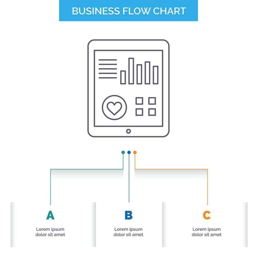 Überwachung. die Gesundheit. Herz. Impuls. Patientenbericht-Business-Flussdiagramm-Design mit 3 Schritten. Liniensymbol für Präsentation Hintergrundvorlage Platz für Text vektor