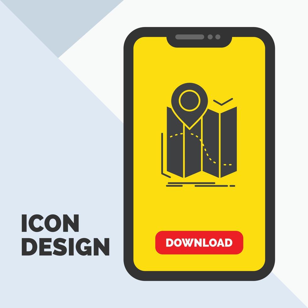 Geographisches Positionierungs System. Lage. Karte. Navigation. Routen-Glyphen-Symbol in Mobile für die Download-Seite. gelber Hintergrund vektor