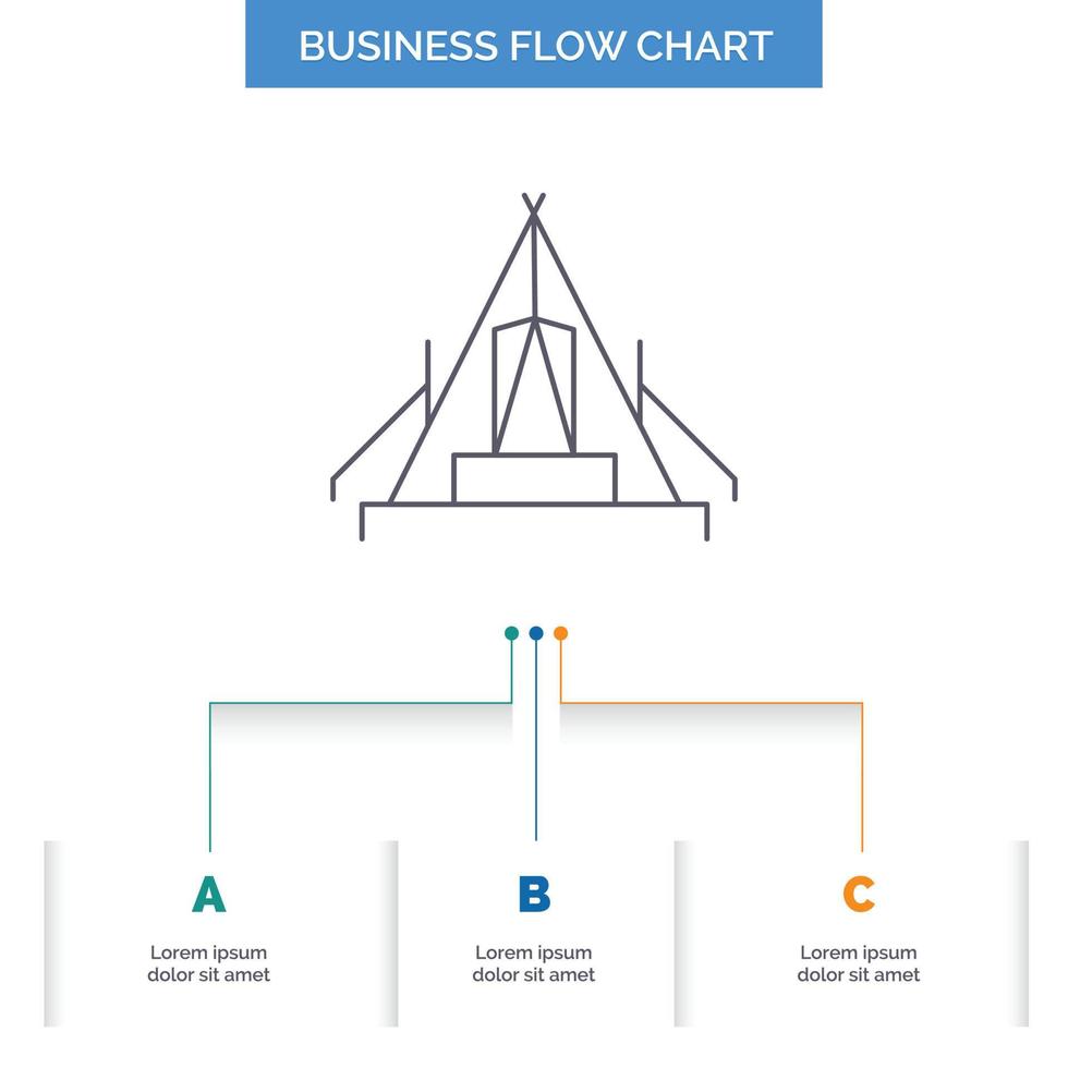 Zelt. Camping. Lager. Campingplatz. Outdoor-Business-Flow-Chart-Design mit 3 Schritten. Liniensymbol für Präsentation Hintergrundvorlage Platz für Text vektor