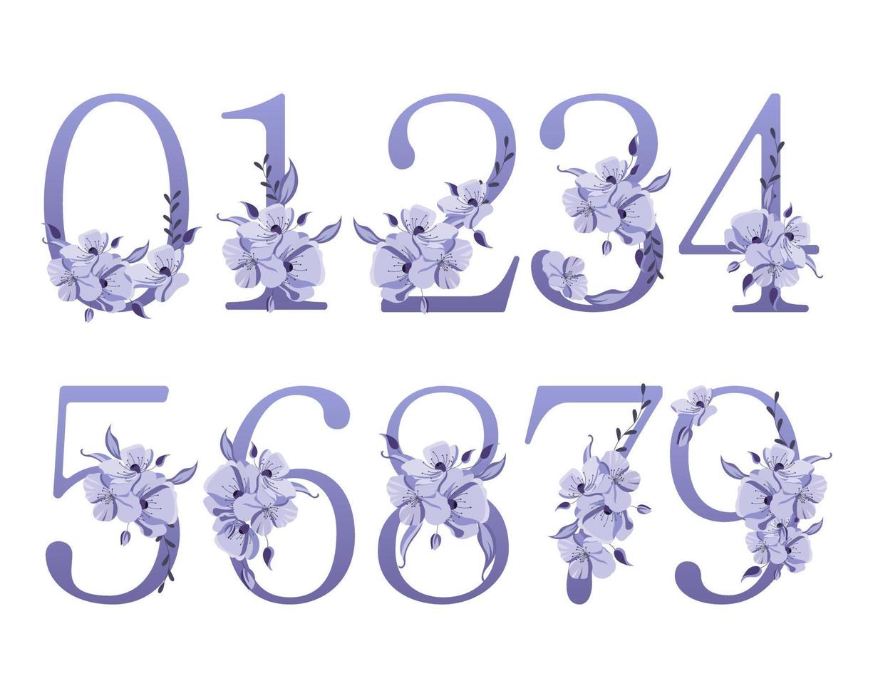 mit Blumen verzierter Zahlensatz, weiches blaues Design. Dekorelemente für Postkarten, Visitenkarten und Einladungen, Vektor