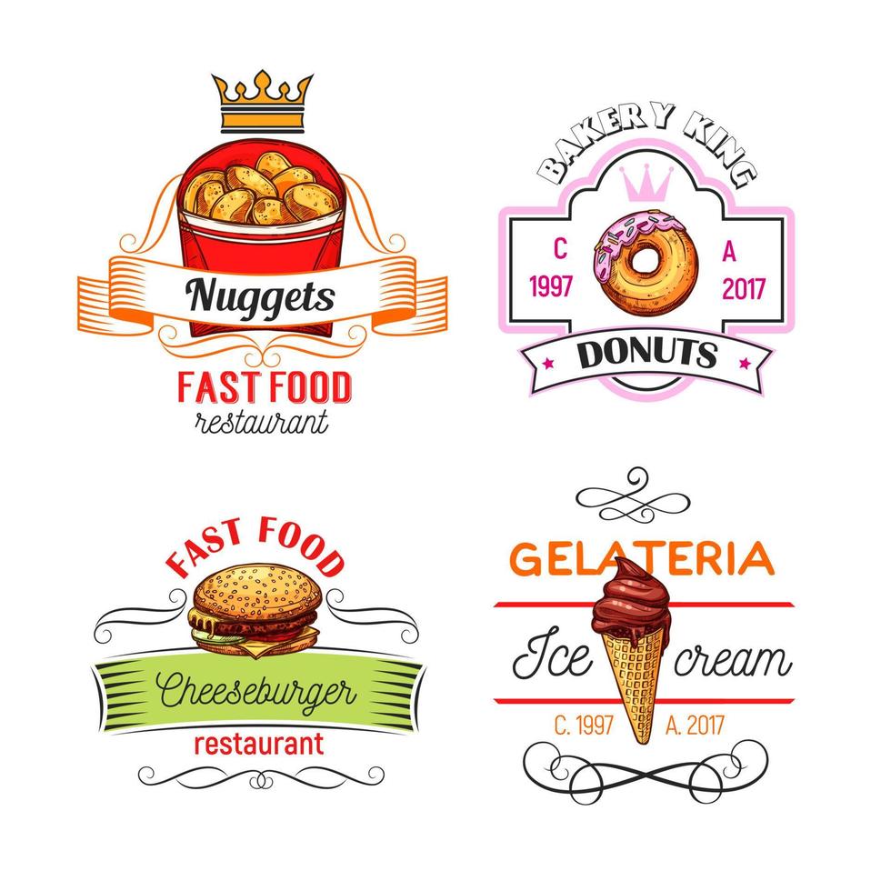fast-food-symbole mit burger, donut und eis vektor