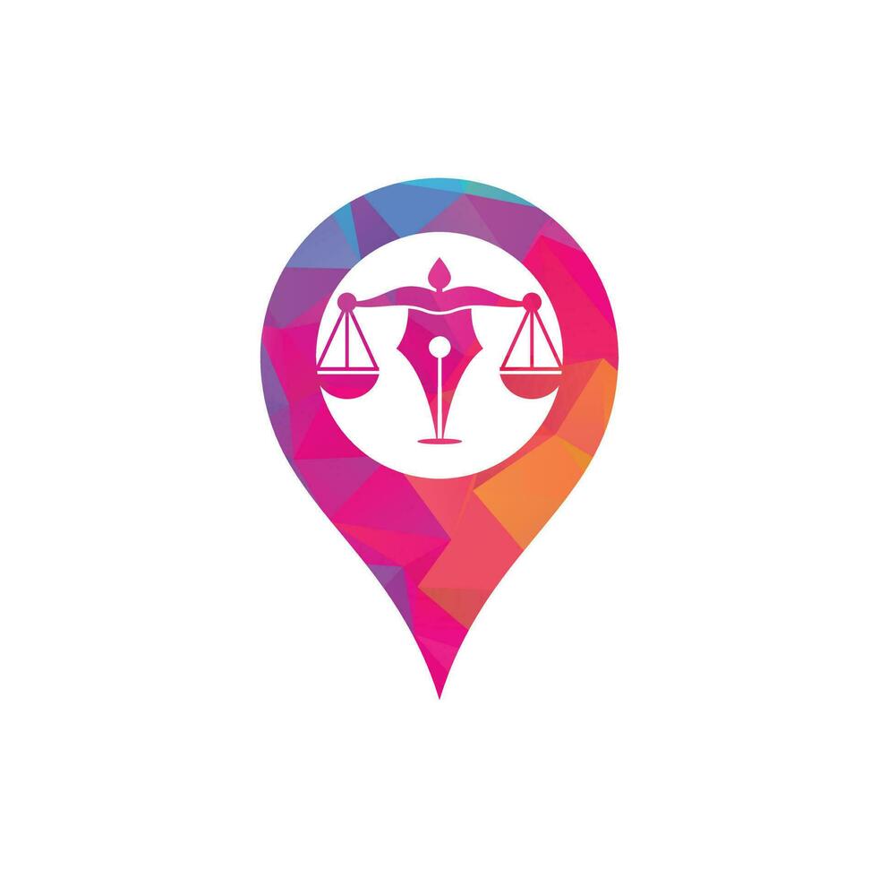 Pen Law mit GPS-Shape-Vektor-Logo-Design-Vorlage. Gesetz-Logo-Vektor mit gerichtlichem Gleichgewicht. Gerechtigkeitsskala in einer Stiftspitze. vektor