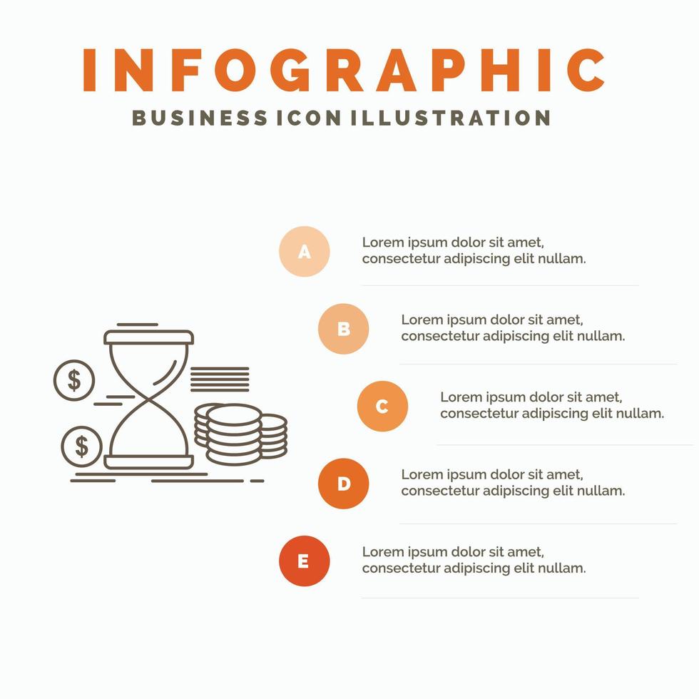 timglas. förvaltning. pengar. tid. mynt infographics mall för hemsida och presentation. linje grå ikon med orange infographic stil vektor illustration