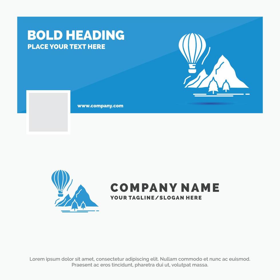 blaue Business-Logo-Vorlage zum Erkunden. reisen. Berge. Camping. Luftballons. Facebook-Timeline-Banner-Design. Vektor-Web-Banner-Hintergrund-Illustration vektor