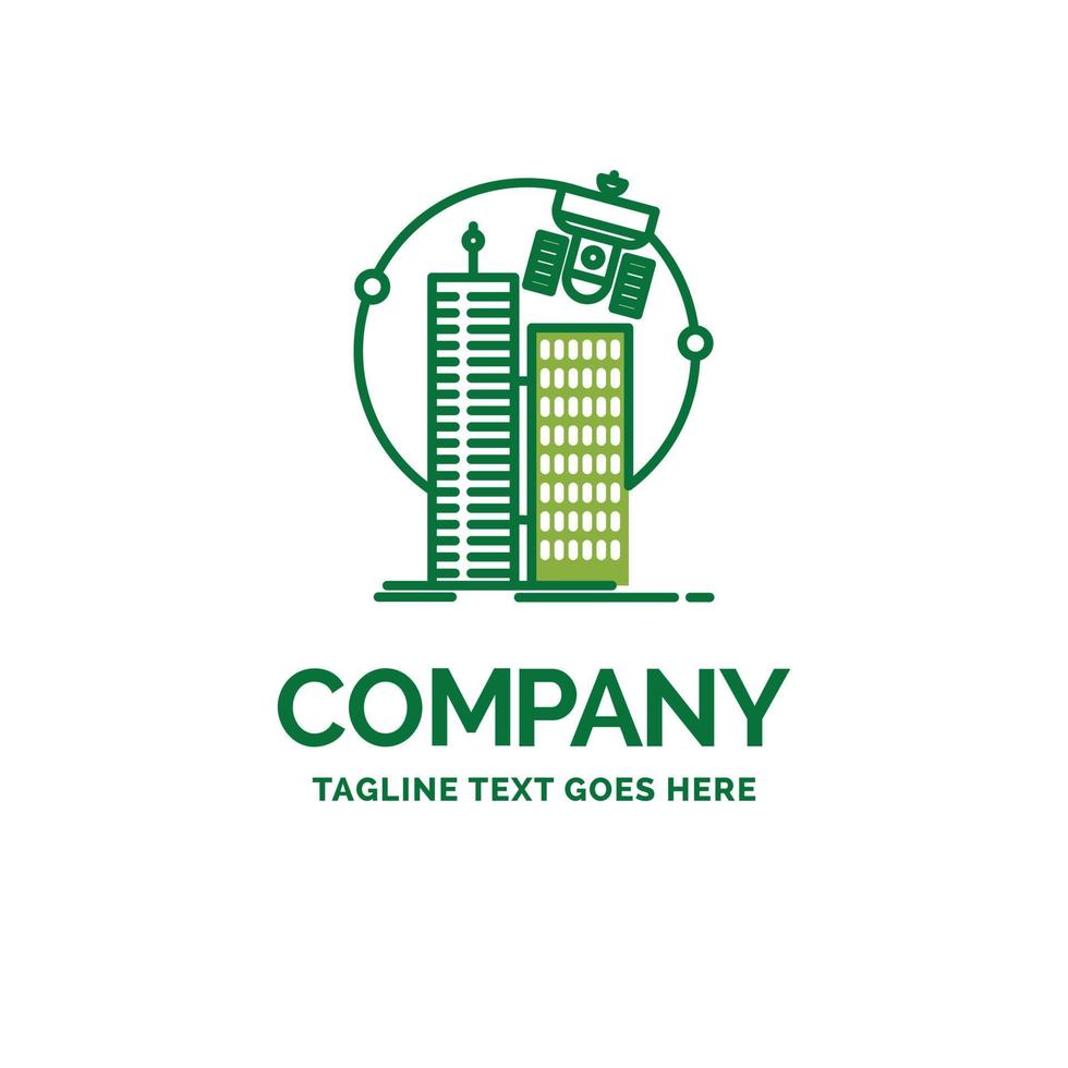 Gebäude. intelligente Stadt. Technologie. Satellit. Corporate flache Business-Logo-Vorlage. kreatives grünes markendesign. vektor