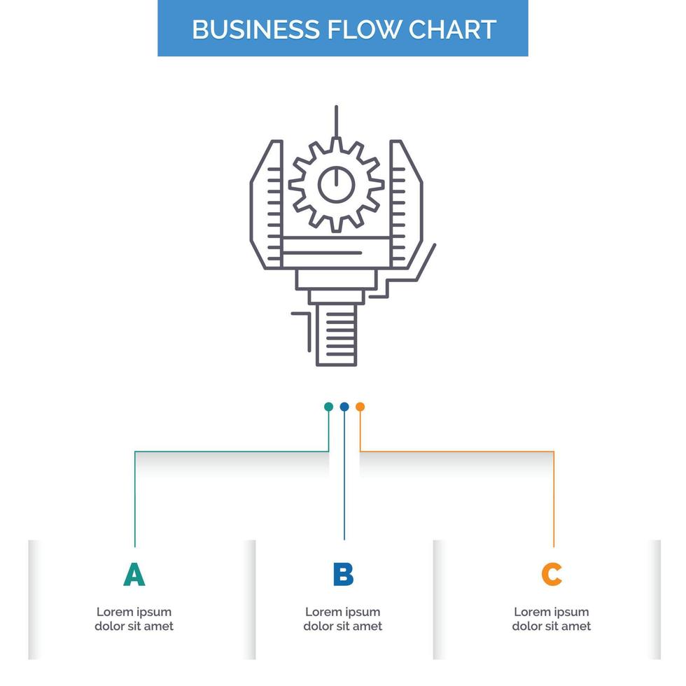 Automatisierung. Industrie. Maschine. Produktion. Robotik-Business-Flussdiagramm-Design mit 3 Schritten. Liniensymbol für Präsentation Hintergrundvorlage Platz für Text vektor