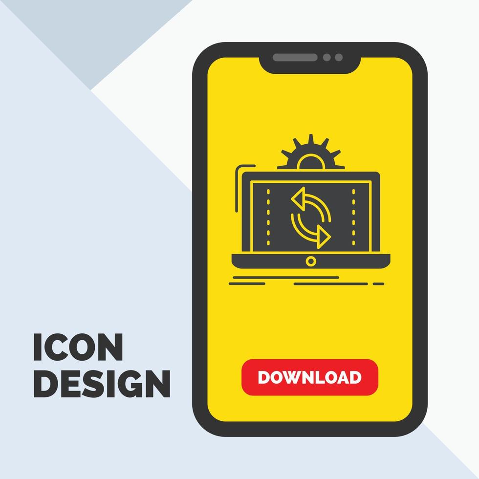 data. bearbetning. analys. rapportering. synkronisera glyf ikon i mobil för ladda ner sida. gul bakgrund vektor