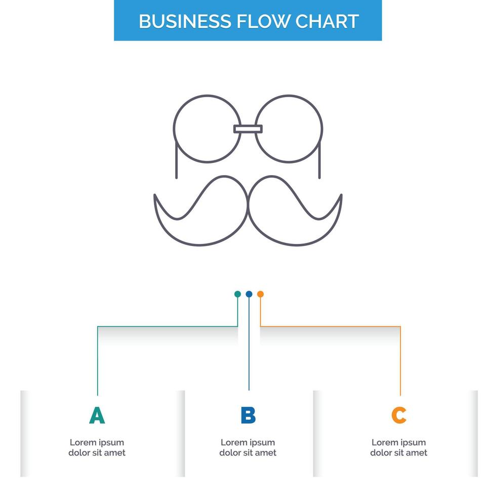 Schnurrbart. Hipster. Umzug. Brille. men business flow chart design mit 3 schritten. Liniensymbol für Präsentation Hintergrundvorlage Platz für Text vektor