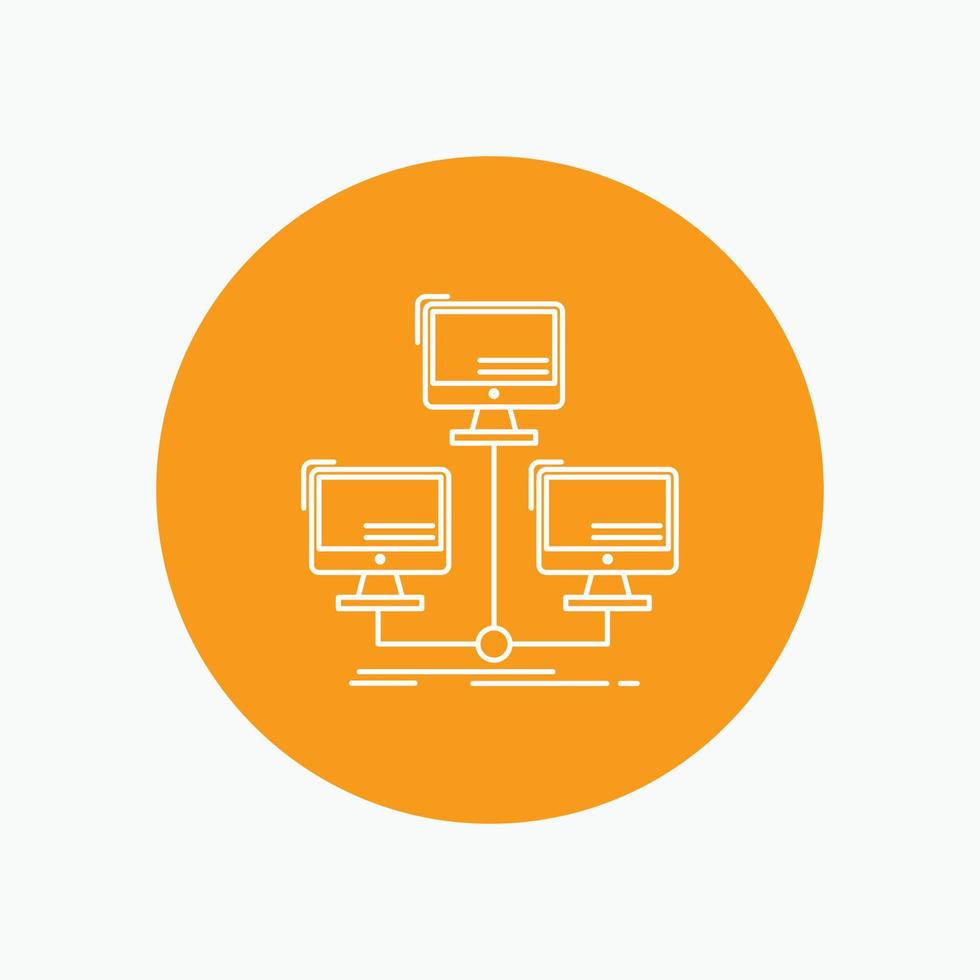 Datenbank. verteilt. Verbindung. Netzwerk. Symbol für die weiße Linie des Computers im Kreishintergrund. Vektor-Symbol-Illustration vektor