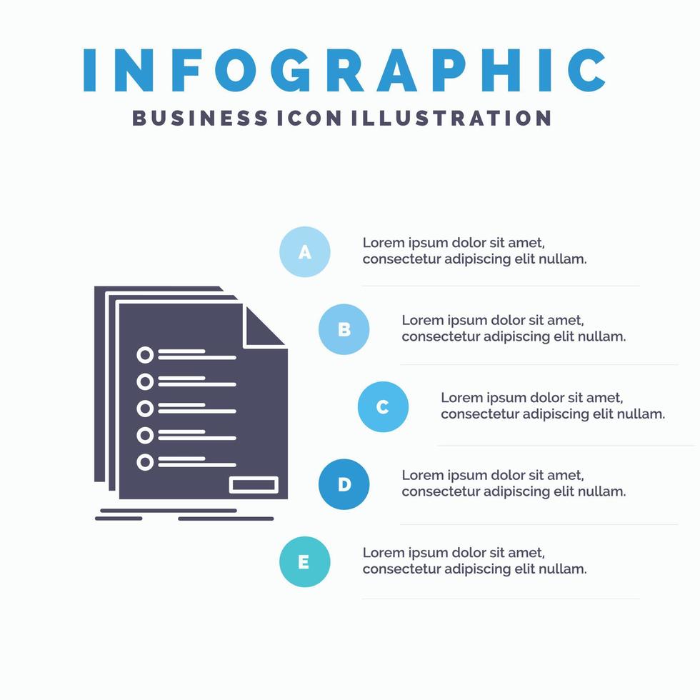 überprüfen. Einreichung. aufführen. Auflistung. registrierungsinfografikvorlage für website und präsentation. Glyph graues Symbol mit blauer Infografik-Stil-Vektorillustration. vektor