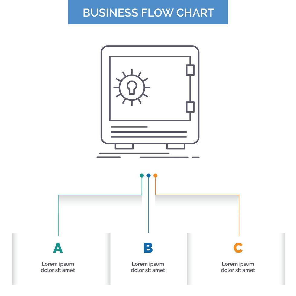 Bank. Hinterlegung. sicher. Sicherheit. Tresor-Business-Flow-Chart-Design mit 3 Schritten. Liniensymbol für Präsentation Hintergrundvorlage Platz für Text vektor