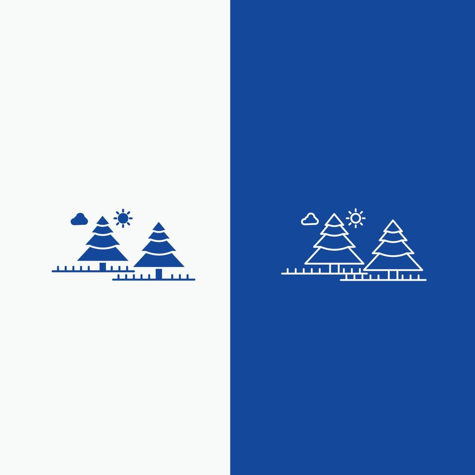 Wald. Camping. Urwald. Baum. Kiefernlinie und Glyph-Web-Schaltfläche in blauer Farbe vertikales Banner für ui und ux. Website oder mobile Anwendung vektor