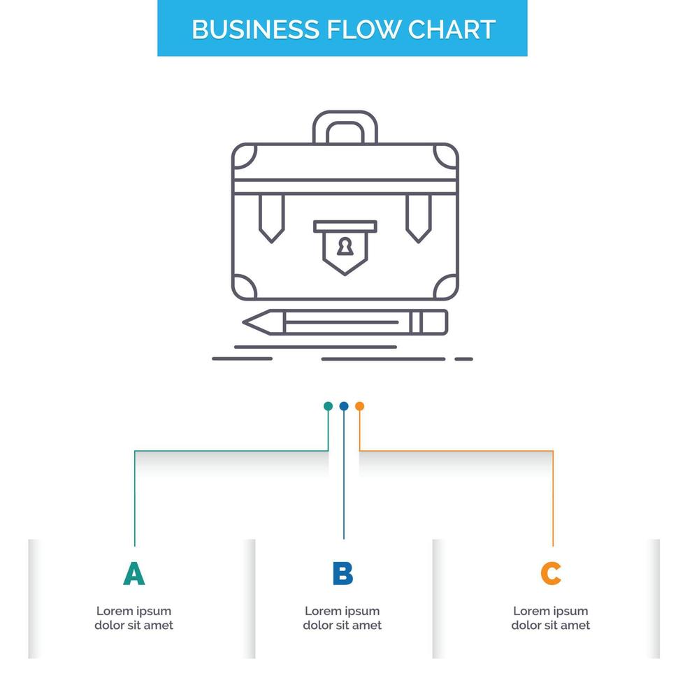 Aktentasche. Geschäft. finanziell. Management. Portfolio-Business-Flussdiagramm-Design mit 3 Schritten. Liniensymbol für Präsentation Hintergrundvorlage Platz für Text vektor