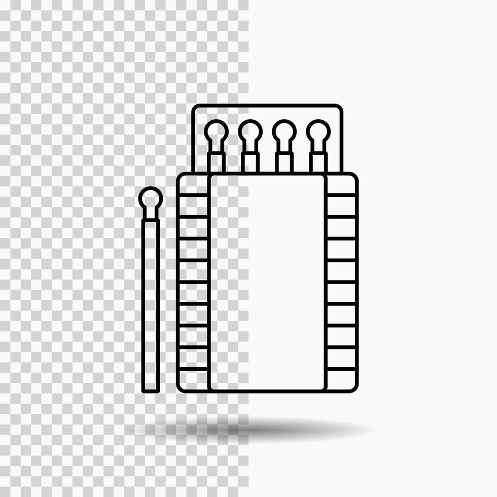 tändstickor. camping. brand. bål. låda linje ikon på transparent bakgrund. svart ikon vektor illustration