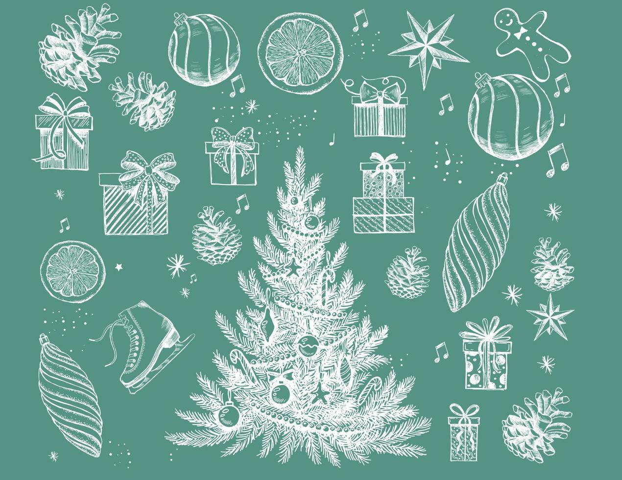 weihnachtsbaumset, frohe weihnachten und einen guten rutsch ins neue jahr. handgezeichnete Illustrationen. vektor