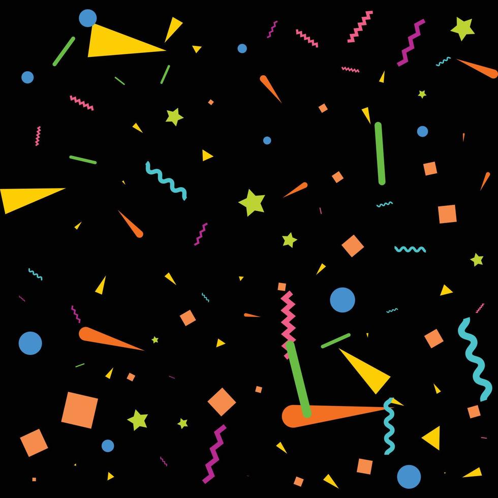 vektor abstrakt svart bakgrund med många faller mycket liten färgrik konfetti bitar och band. karneval. jul eller ny år dekoration färgrik fest vimplar för födelsedag. festival