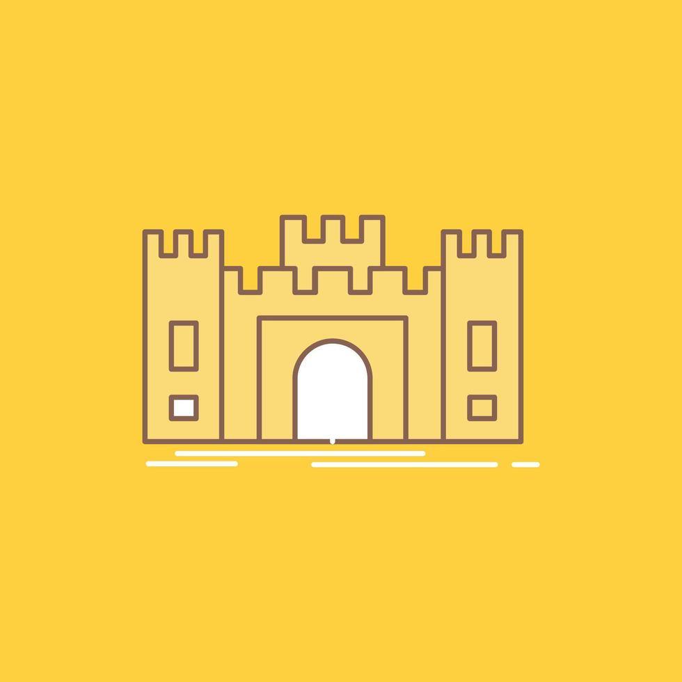 Schloss. Verteidigung. Fort. Festung. Wahrzeichen mit flacher Linie gefülltes Symbol. schöne logo-schaltfläche auf gelbem hintergrund für ui und ux. Website oder mobile Anwendung vektor