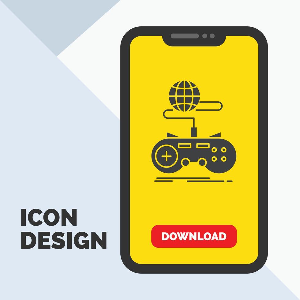 Spiel. Spielen. Internet. Mehrspieler. Online-Glyphen-Symbol in Mobile für Download-Seite. gelber Hintergrund vektor