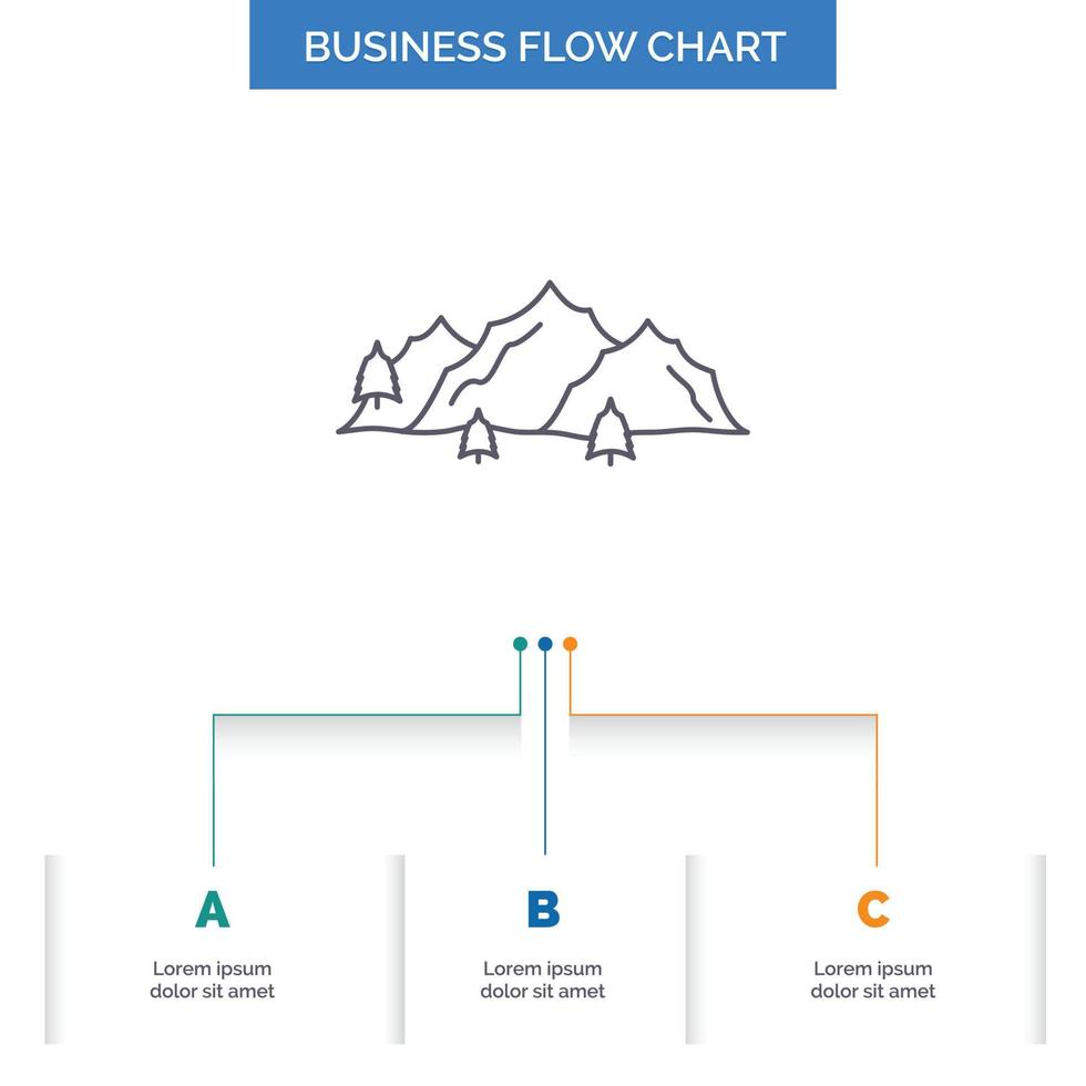 Berg. Landschaft. hügel. Natur. Baum-Business-Flow-Chart-Design mit 3 Schritten. Liniensymbol für Präsentation Hintergrundvorlage Platz für Text vektor