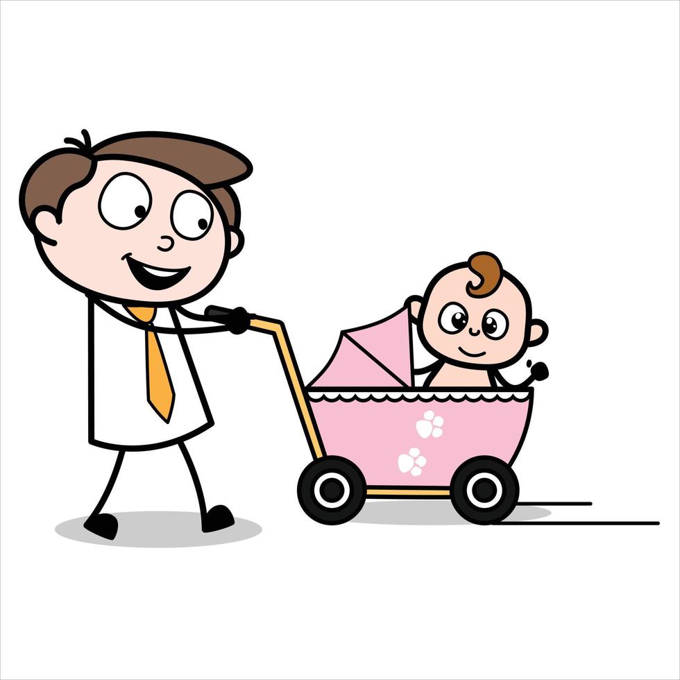 Vermögenswert einer Zeichentrickfigur eines jungen Geschäftsmannes, der einen Kinderwagen trägt und das Baby draußen ist vektor