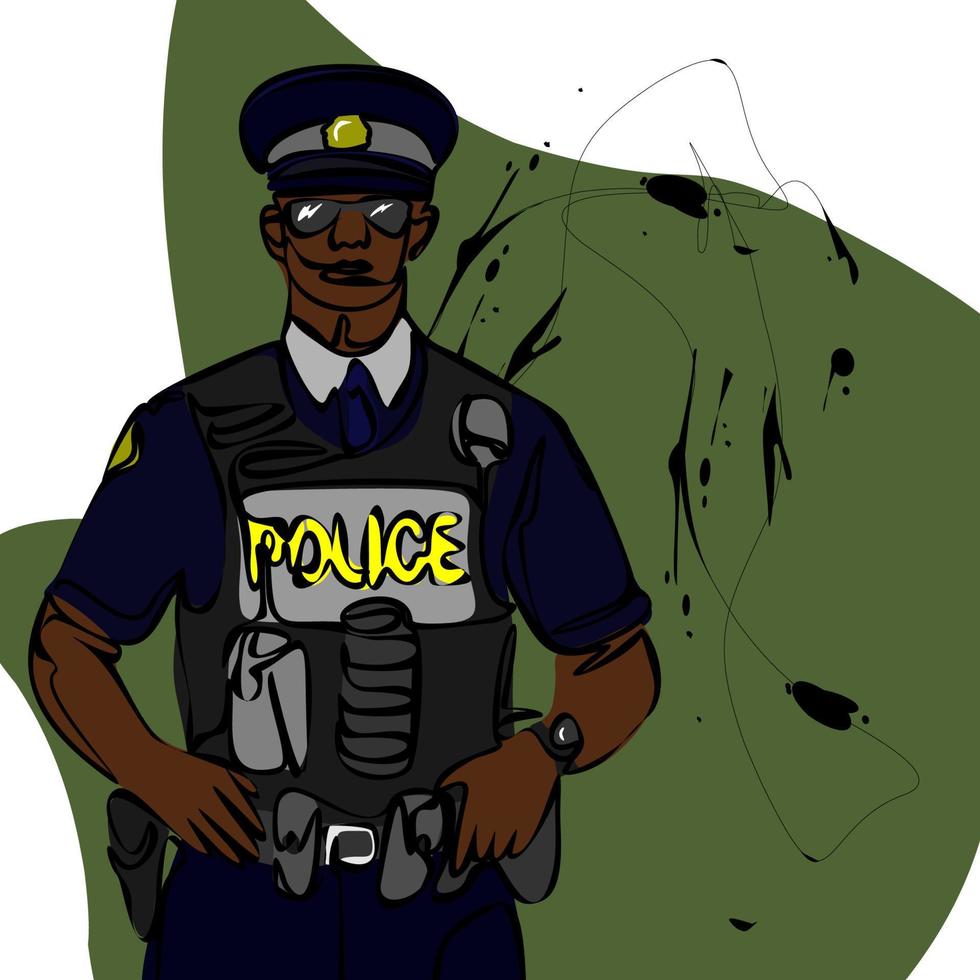Polizist Pop-Art-Stil-Vektor-Illustration. Nachahmung im Comic-Stil. konzept des nationalen polizeitages. zeichentrickfigur rettungsschwimmer rettet afroamerikanisches rennen polizist militär in sommeruniform vektor