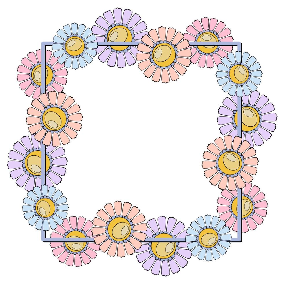 quadratischer Zierrahmen, Kopierraum, zarte Kamillenblüten in Pastellfarben, Vektorillustration auf weißem Hintergrund vektor