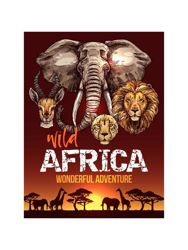 afrikanisches safariplakat mit wildtierskizzen vektor