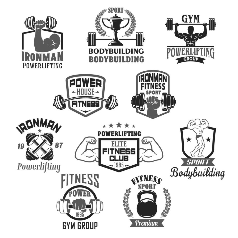 Bodybuilding-Fitnessstudio oder Powerlifting-Club-Vektorsymbole vektor