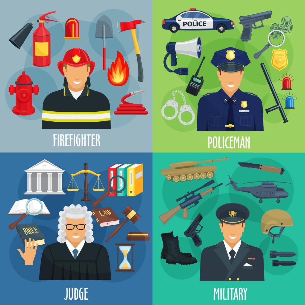 polis, brandman, militär, bedöma ikon uppsättning vektor
