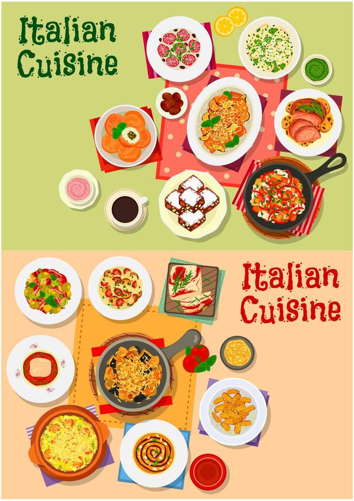 italiensk kök traditionell maträtter och sallader vektor
