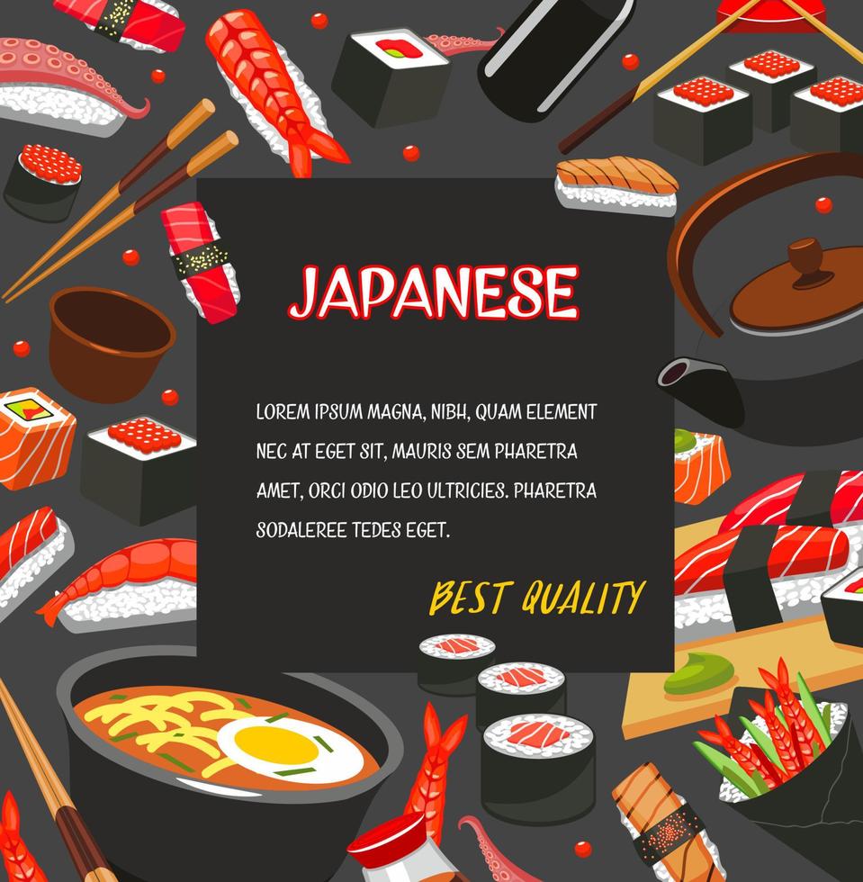 japanisches restaurantmenüposter mit sushi mit meeresfrüchten vektor