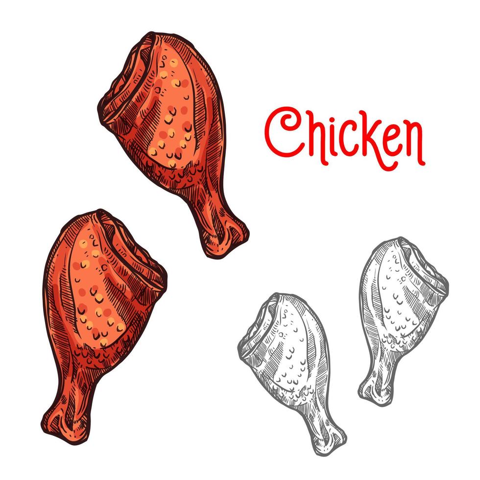 kyckling eller Kalkon ben skiss av friterad fjäderfän kött vektor