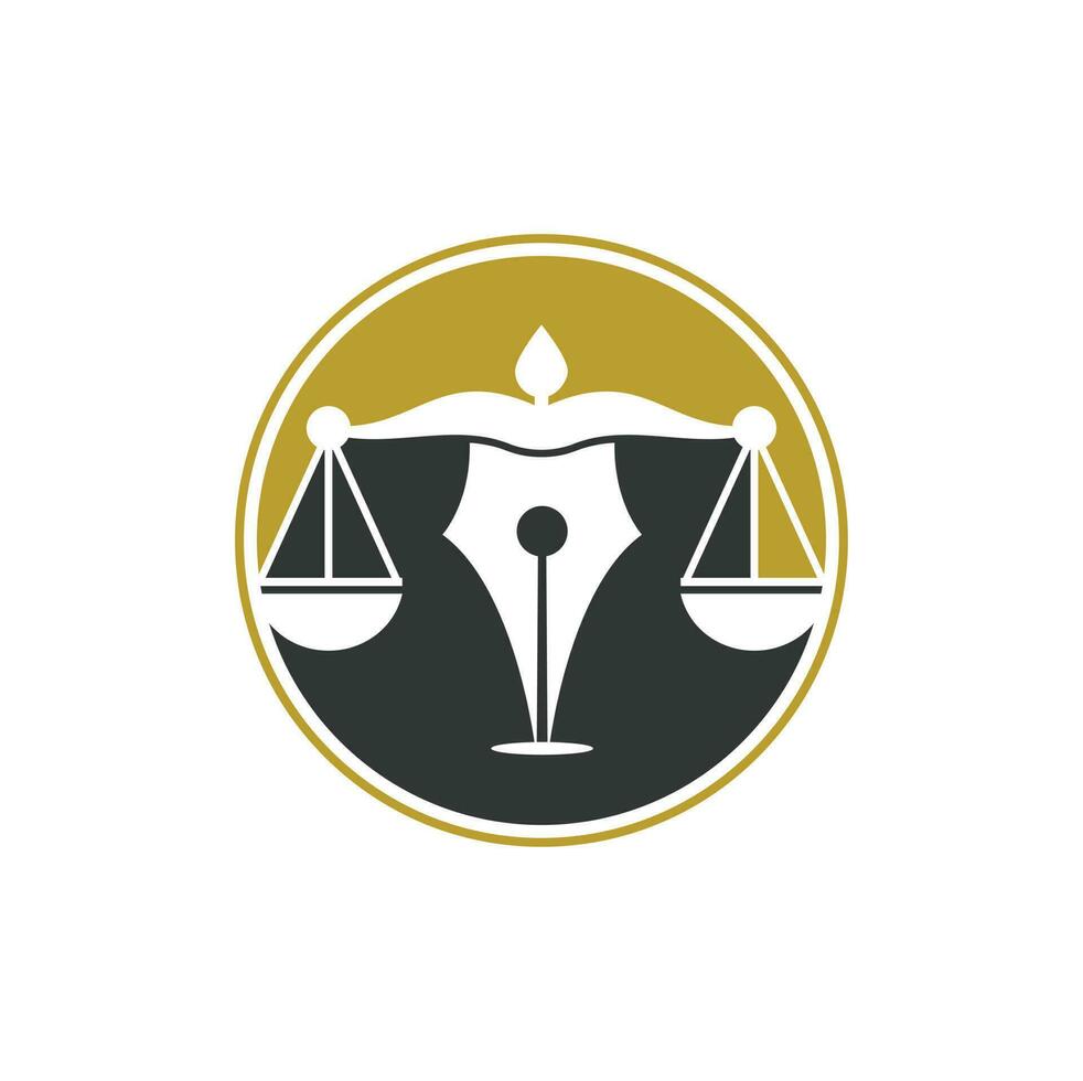 Stift Anwaltskanzlei Vektor-Logo-Design-Vorlage. Gesetz-Logo-Vektor mit gerichtlichem Gleichgewicht symbolisch für Gerechtigkeitsskala in einer Stiftspitze. vektor