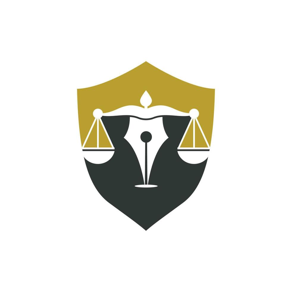 Stift Anwaltskanzlei Vektor-Logo-Design-Vorlage. Gesetz-Logo-Vektor mit gerichtlichem Gleichgewicht symbolisch für Gerechtigkeitsskala in einer Stiftspitze. vektor