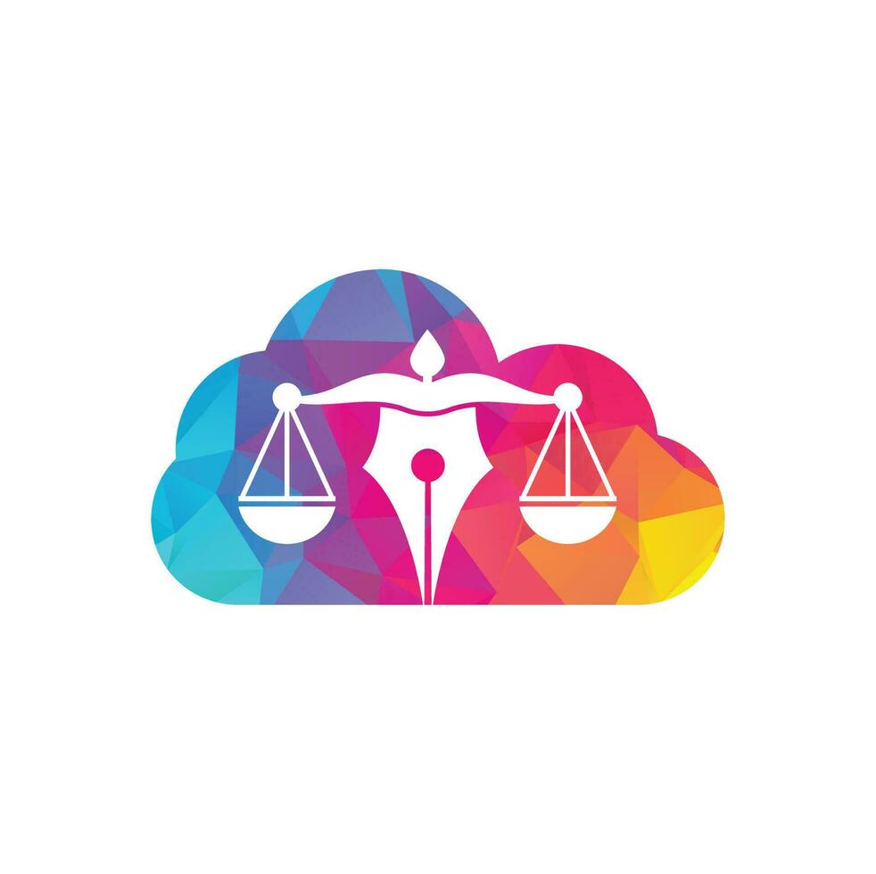 Pen Law mit Cloud-Form-Vektor-Logo-Design-Vorlage. Gesetz-Logo-Vektor mit gerichtlichem Gleichgewicht. Gerechtigkeitsskala in einer Stiftspitze. vektor