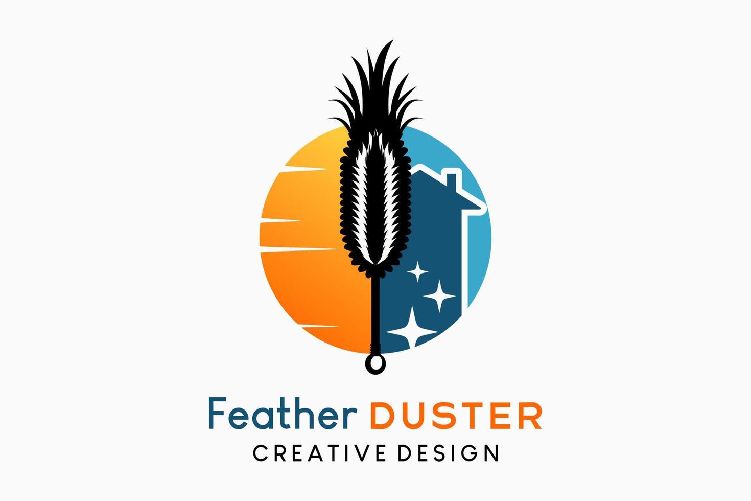 quill feather duster logo design traditionelle staubsaugerillustration, die silhouette eines federstaubwedels kombiniert mit dem sonnenuntergangssymbol und dem haussymbol vektor