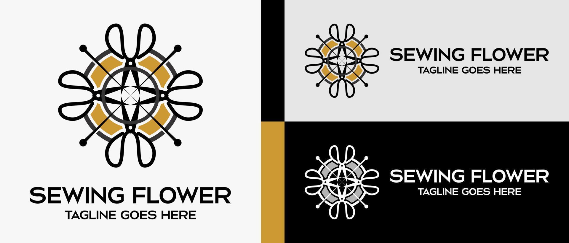 sax och nål med blomma form silhuett. logotyp design mall för skräddare affär, sömnad hantverk, textil- produktion, konfetti och plagg. vektor illustration av mode och kläder.