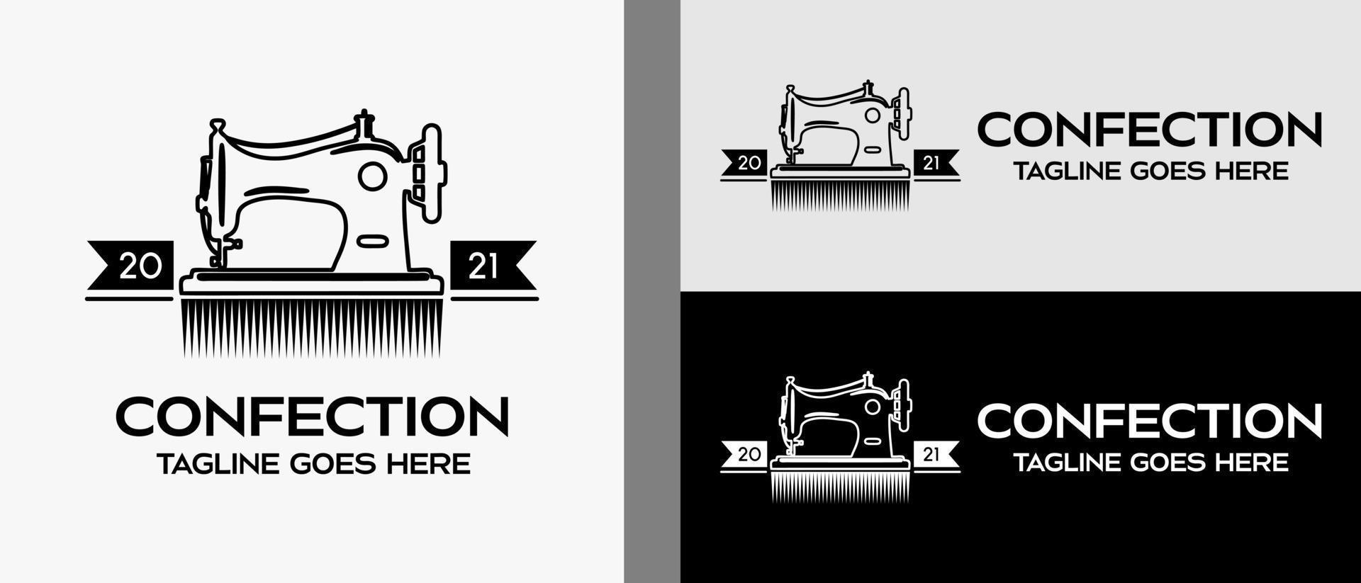 Nähmaschine mit Linien und Bändern im Vintage-Stil. Logo-Design-Vorlage für Schneiderei, Nähhandwerk, Textilproduktion, Konfetti und Kleidungsstück. vektorillustration von mode und kleidung. vektor